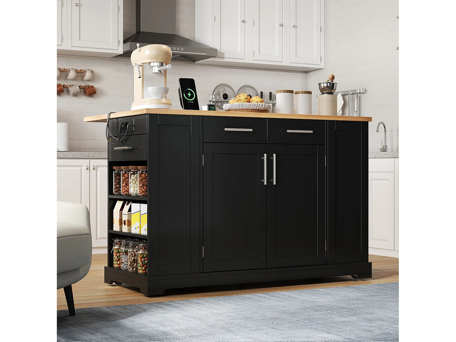 Mobile zentrale Kücheninsel - ausziehbares Tischblatt - mit Steckdose und ausziehbarer Mülltonne - mit Rollen - mit 3 Schubladen und 3 Türen - Schwarz + Natur