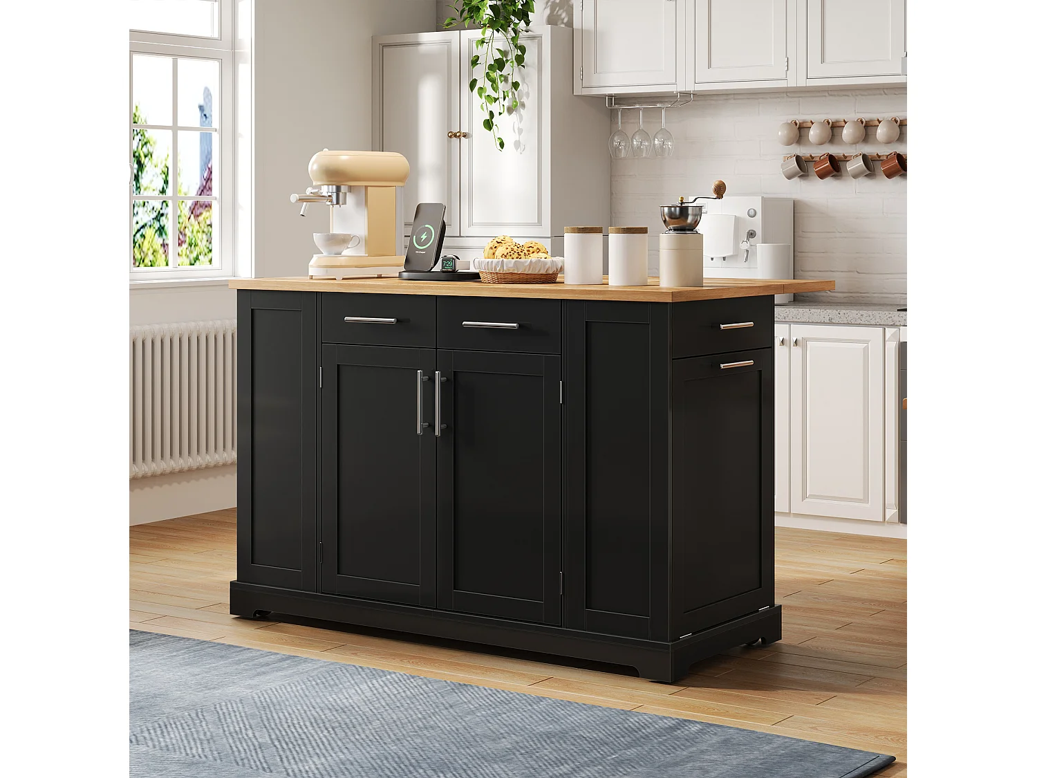 Mobile zentrale Kücheninsel - ausziehbares Tischblatt - mit Steckdose und ausziehbarer Mülltonne - mit Rollen - mit 3 Schubladen und 3 Türen - Schwarz + Natur