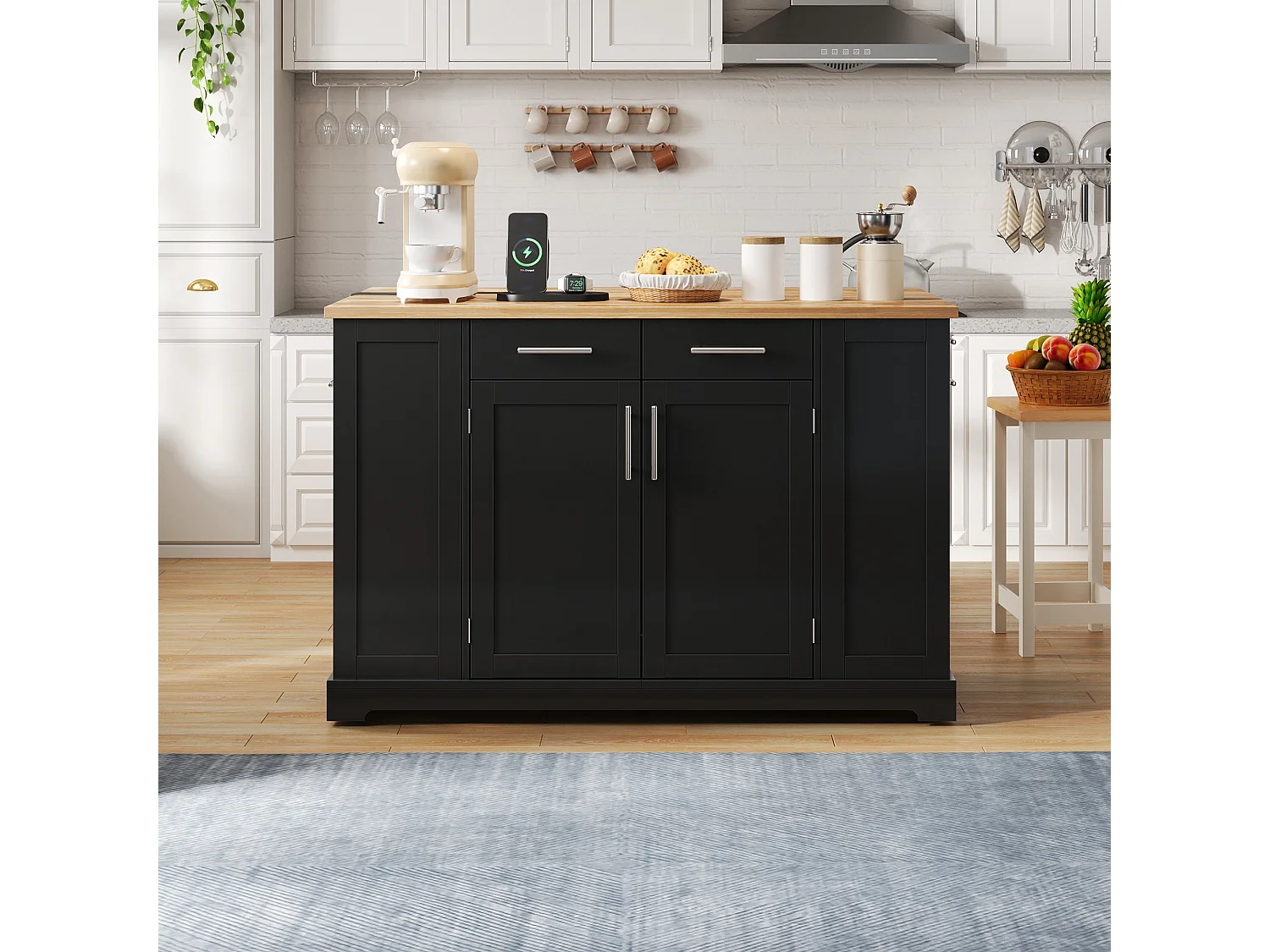 Mobile zentrale Kücheninsel - ausziehbares Tischblatt - mit Steckdose und ausziehbarer Mülltonne - mit Rollen - mit 3 Schubladen und 3 Türen - Schwarz + Natur