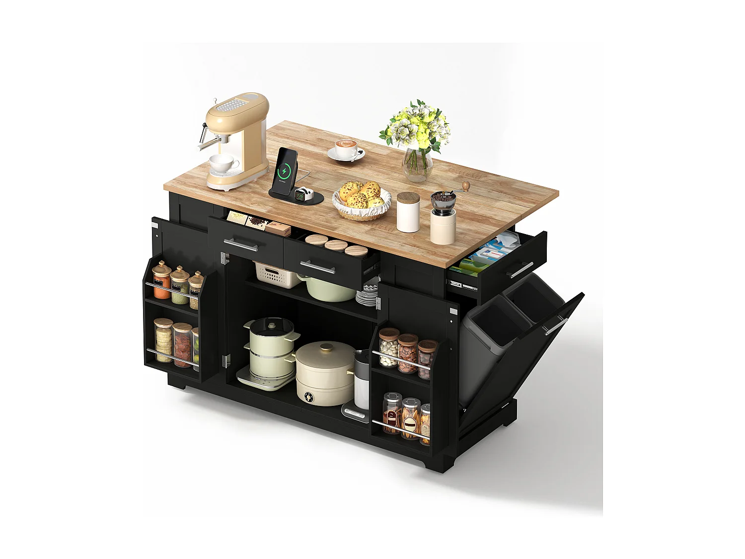 Mobile zentrale Kücheninsel - ausziehbares Tischblatt - mit Steckdose und ausziehbarer Mülltonne - mit Rollen - mit 3 Schubladen und 3 Türen - Schwarz + Natur