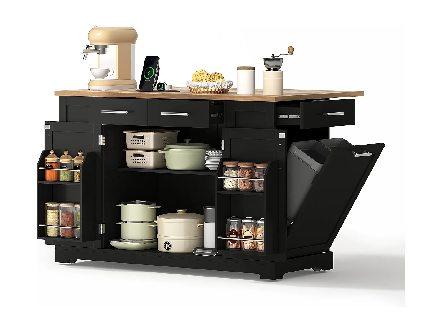 Mobile zentrale Kücheninsel - ausziehbares Tischblatt - mit Steckdose und ausziehbarer Mülltonne - mit Rollen - mit 3 Schubladen und 3 Türen - Schwarz + Natur