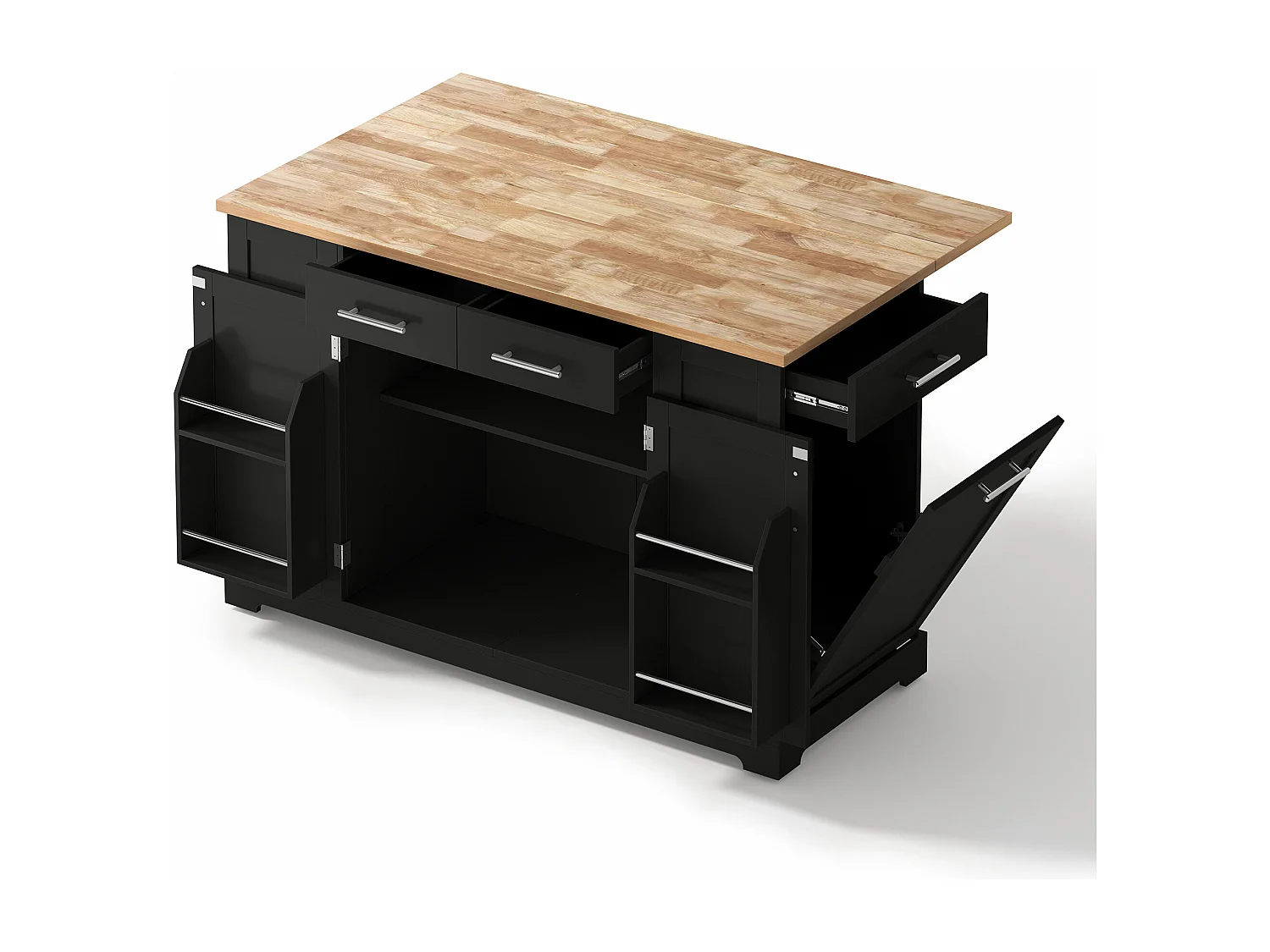 Mobile zentrale Kücheninsel - ausziehbares Tischblatt - mit Steckdose und ausziehbarer Mülltonne - mit Rollen - mit 3 Schubladen und 3 Türen - Schwarz + Natur
