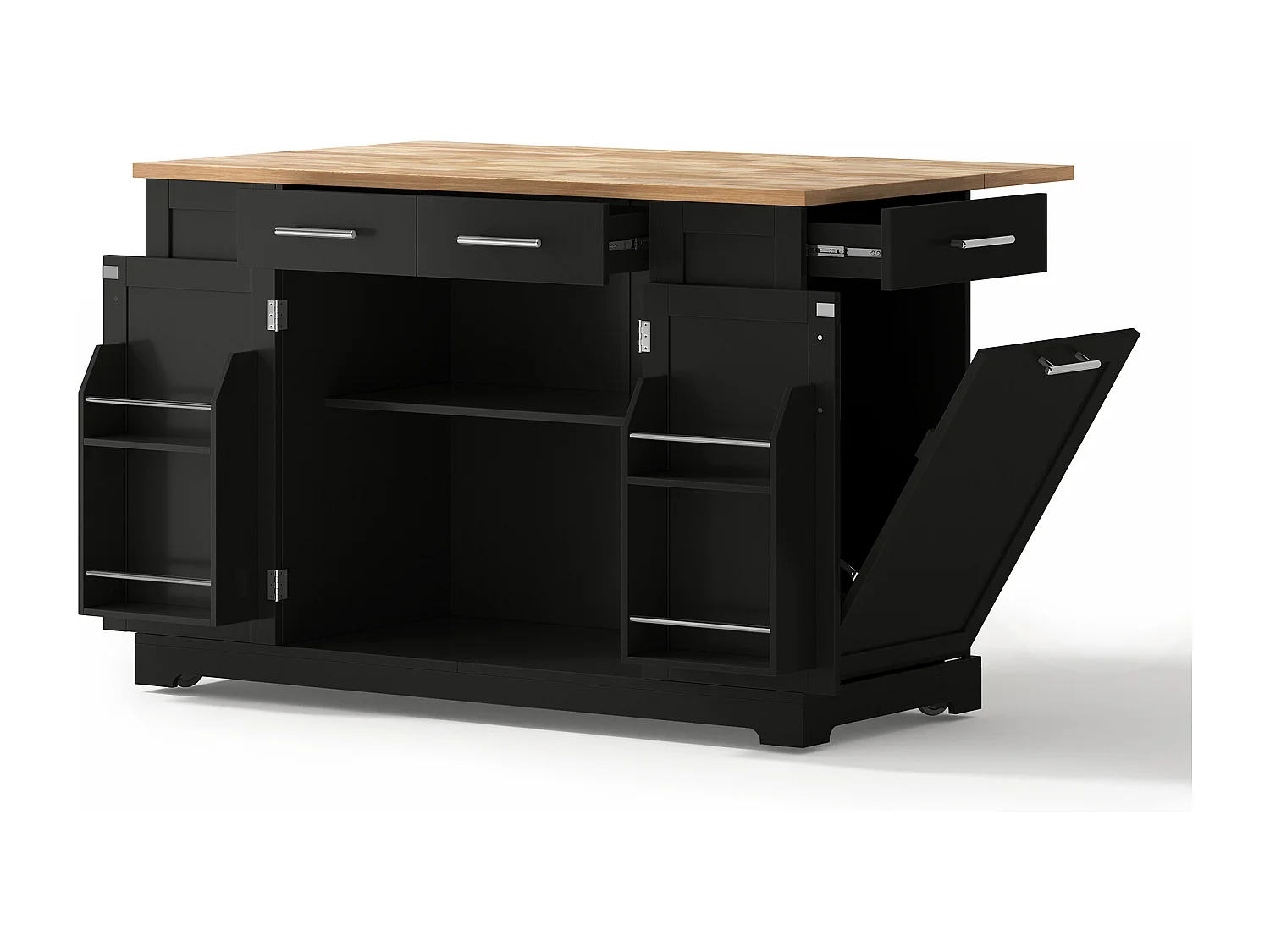 Mobile zentrale Kücheninsel - ausziehbares Tischblatt - mit Steckdose und ausziehbarer Mülltonne - mit Rollen - mit 3 Schubladen und 3 Türen - Schwarz + Natur