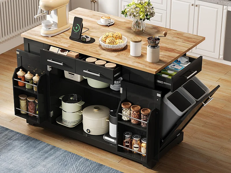 Mobilna centralna wyspa kuchenna - blat rozsuwany - z gniazdkiem i wysuwanym koszem na śmieci - z kółkami - z 3 szufladami i 3 drzwiami - Czarny + Naturalny