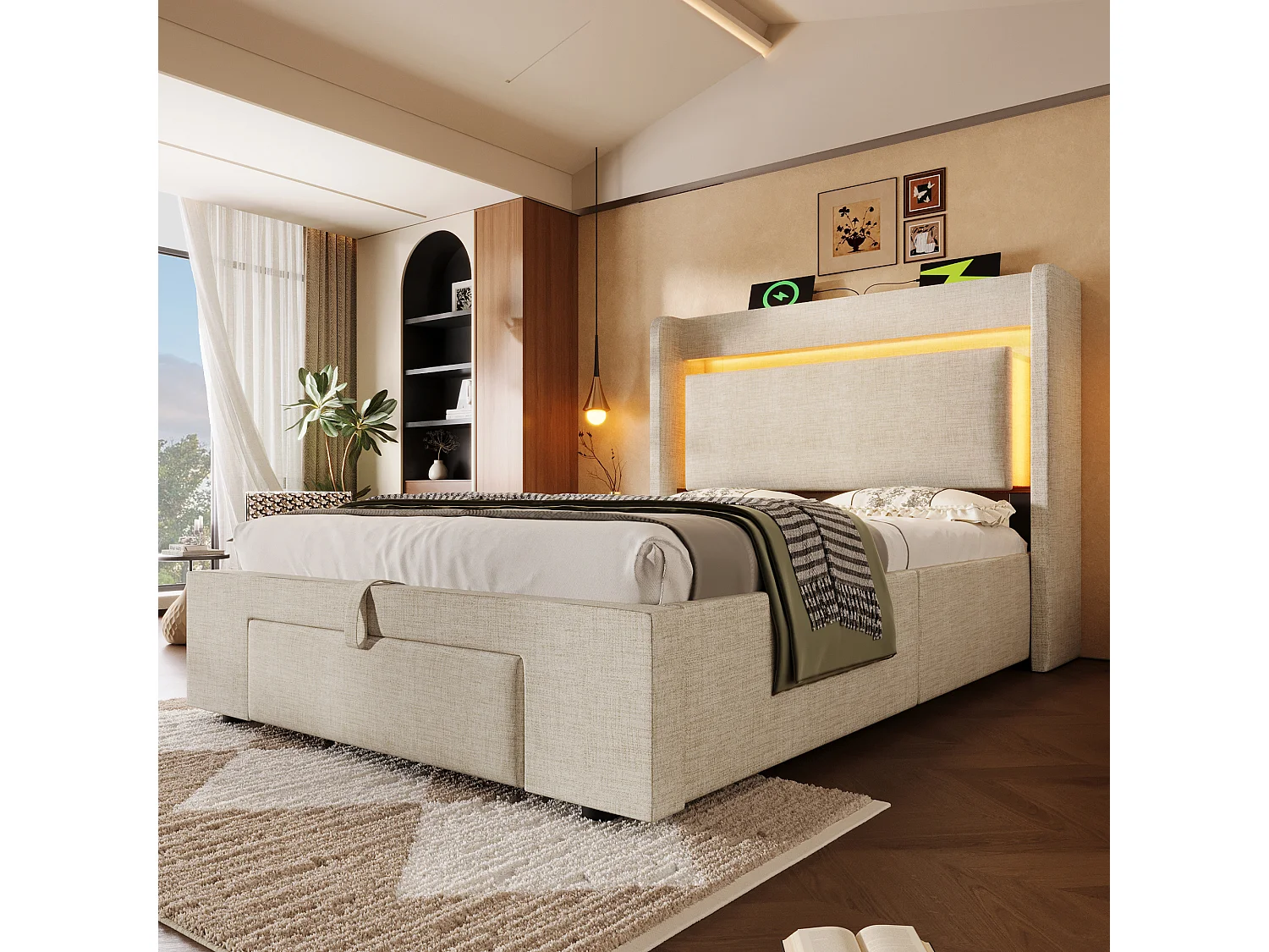 Gepolstertes Bett mit Stauraum 90x200cm - mit LED und USB-Anschluss - mit 1 Schublade - Kopfteil mit Stauraum - Leinen - Beige​ (ohne Matratze)