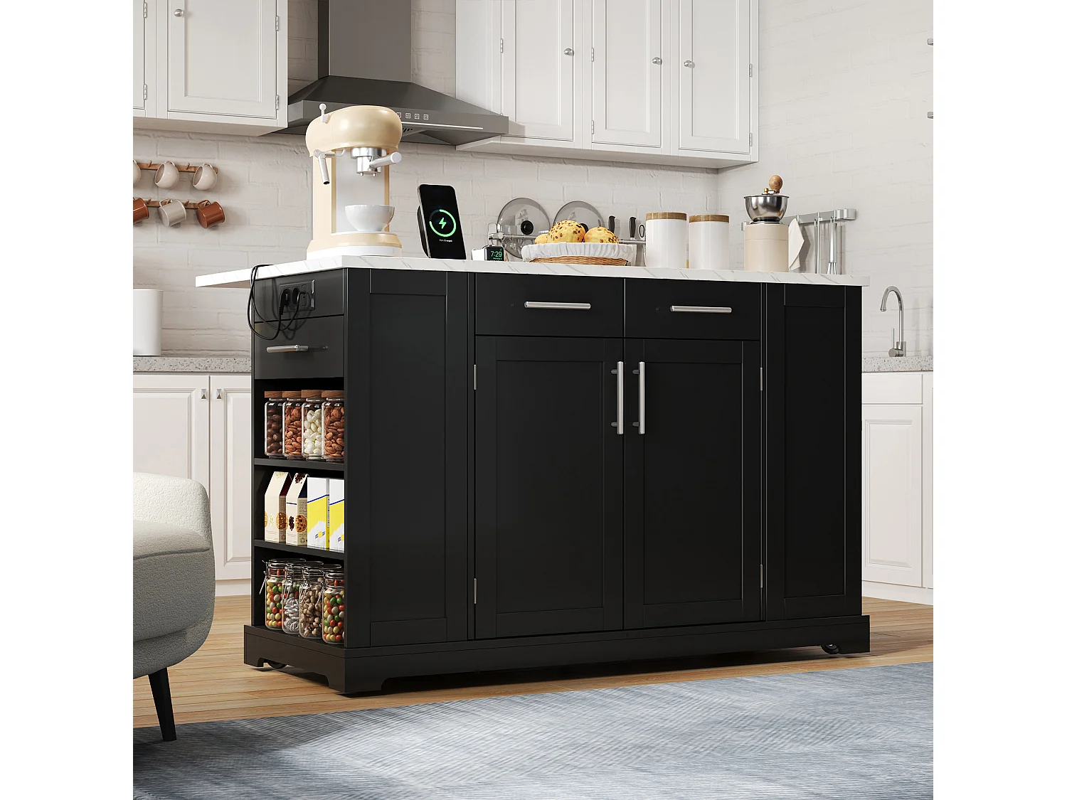 Mobile zentrale Kücheninsel - ausziehbares Tischblatt - mit Steckdose und ausziehbarer Mülltonne - mit Rollen - mit 3 Schubladen und 3 Türen - Schwarz + Weiß