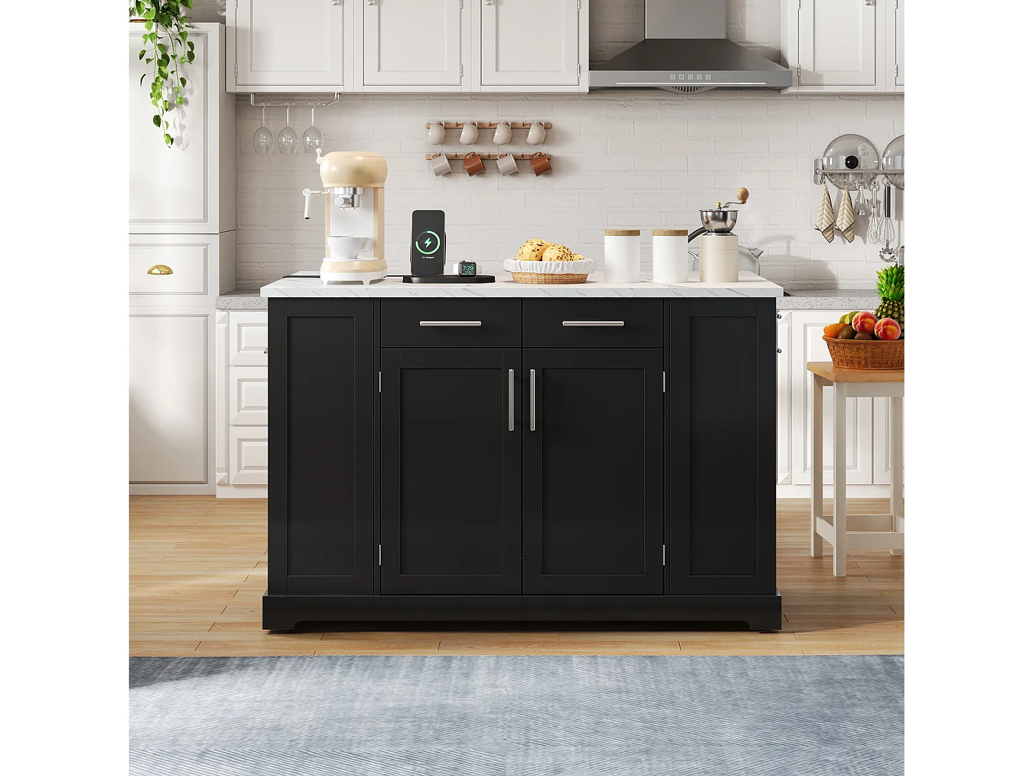 Mobile zentrale Kücheninsel - ausziehbares Tischblatt - mit Steckdose und ausziehbarer Mülltonne - mit Rollen - mit 3 Schubladen und 3 Türen - Schwarz + Weiß