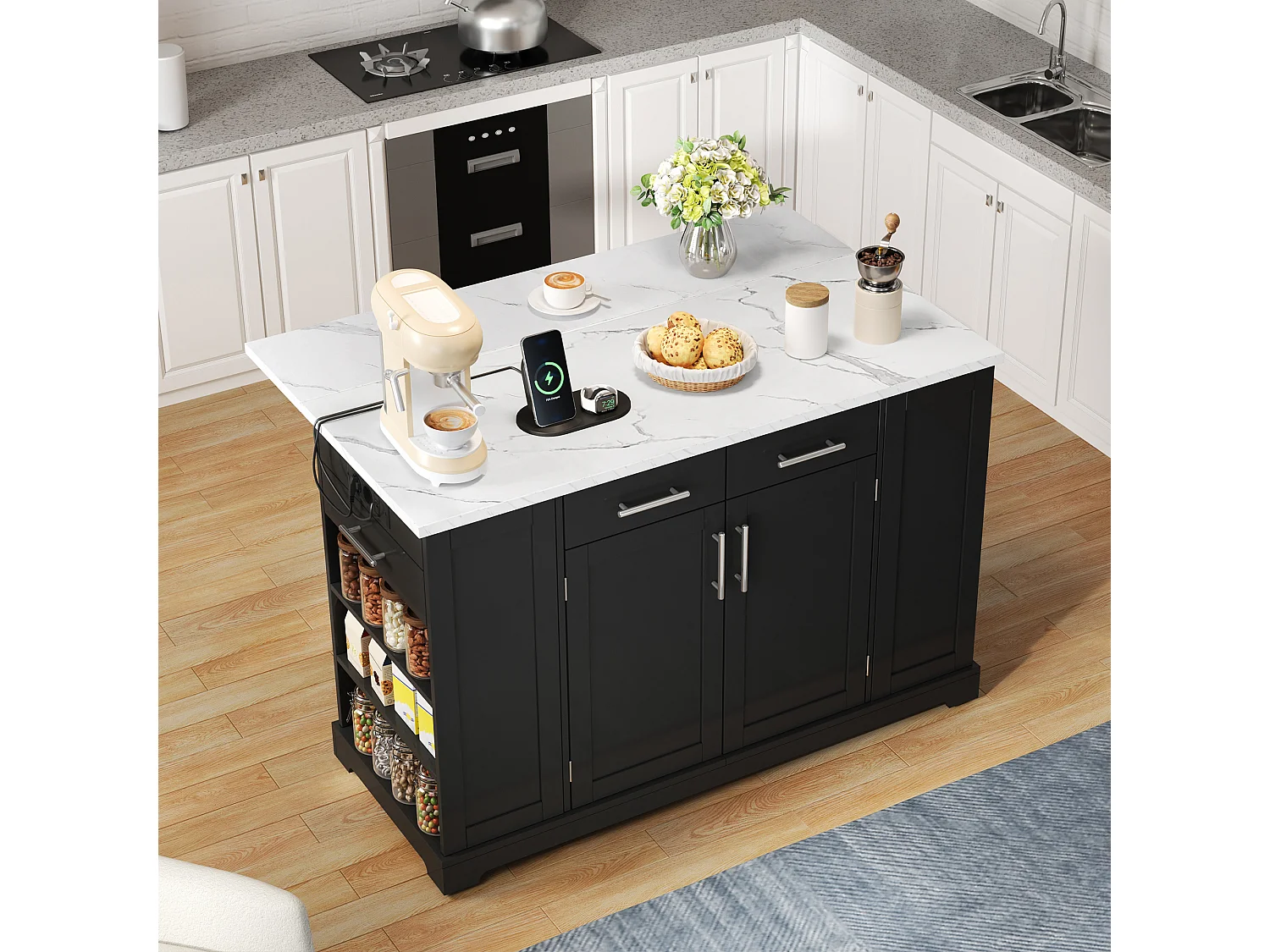 Mobile zentrale Kücheninsel - ausziehbares Tischblatt - mit Steckdose und ausziehbarer Mülltonne - mit Rollen - mit 3 Schubladen und 3 Türen - Schwarz + Weiß