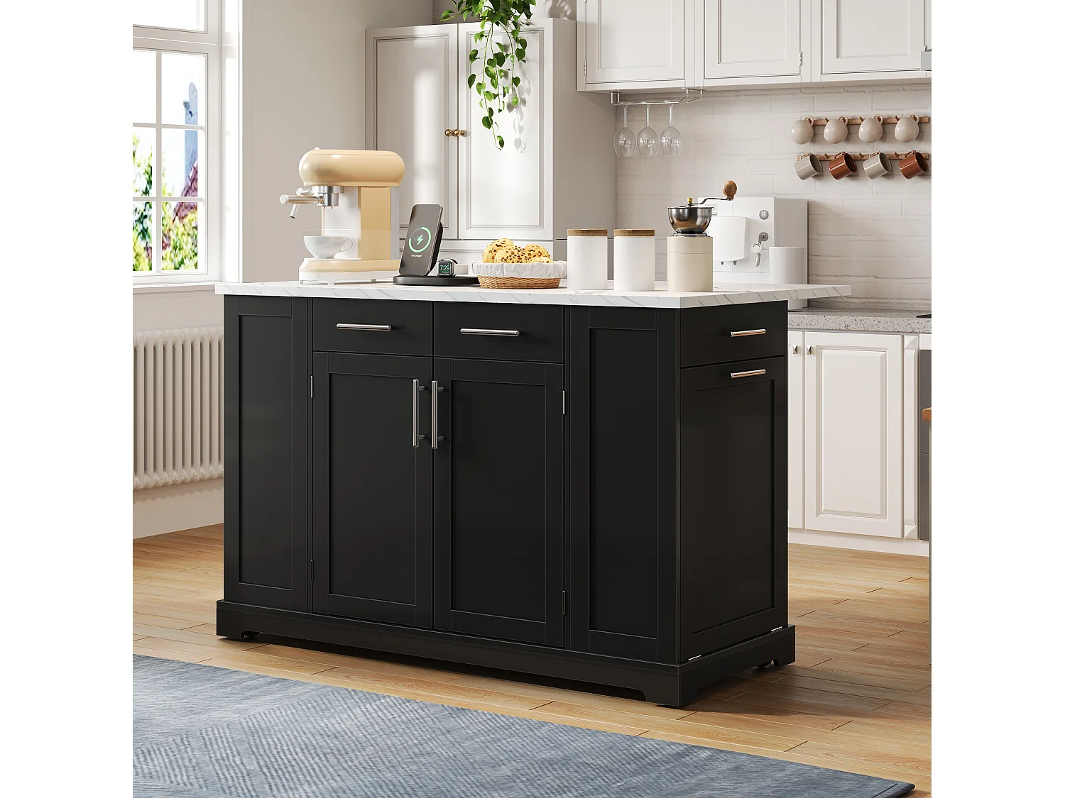 Mobile zentrale Kücheninsel - ausziehbares Tischblatt - mit Steckdose und ausziehbarer Mülltonne - mit Rollen - mit 3 Schubladen und 3 Türen - Schwarz + Weiß