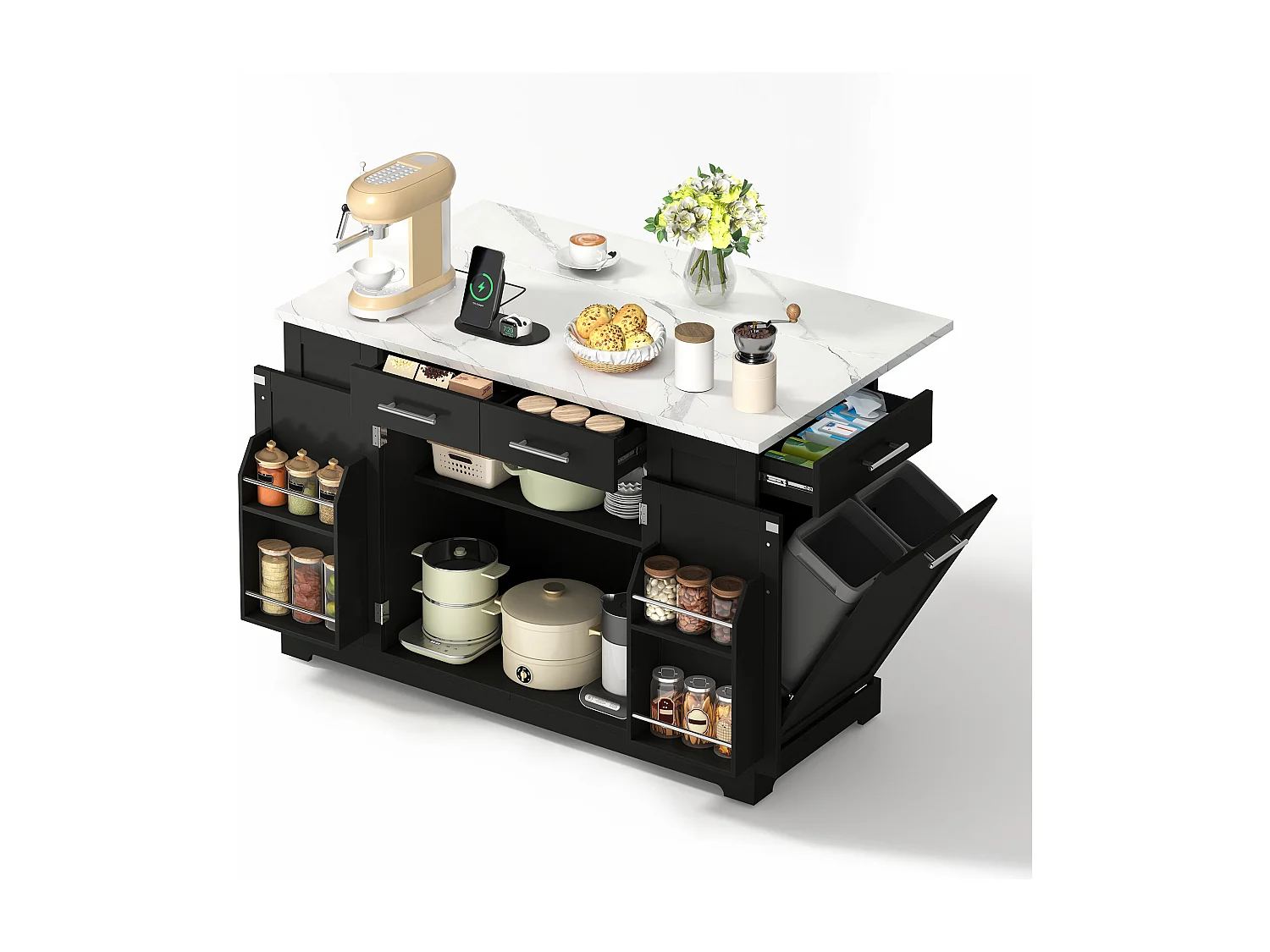 Mobile zentrale Kücheninsel - ausziehbares Tischblatt - mit Steckdose und ausziehbarer Mülltonne - mit Rollen - mit 3 Schubladen und 3 Türen - Schwarz + Weiß
