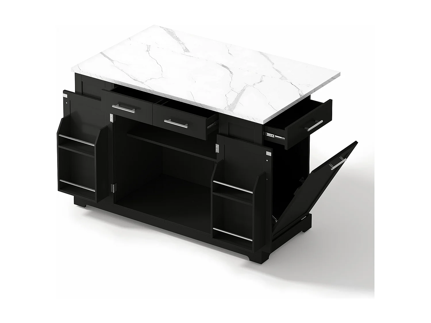 Mobile zentrale Kücheninsel - ausziehbares Tischblatt - mit Steckdose und ausziehbarer Mülltonne - mit Rollen - mit 3 Schubladen und 3 Türen - Schwarz + Weiß