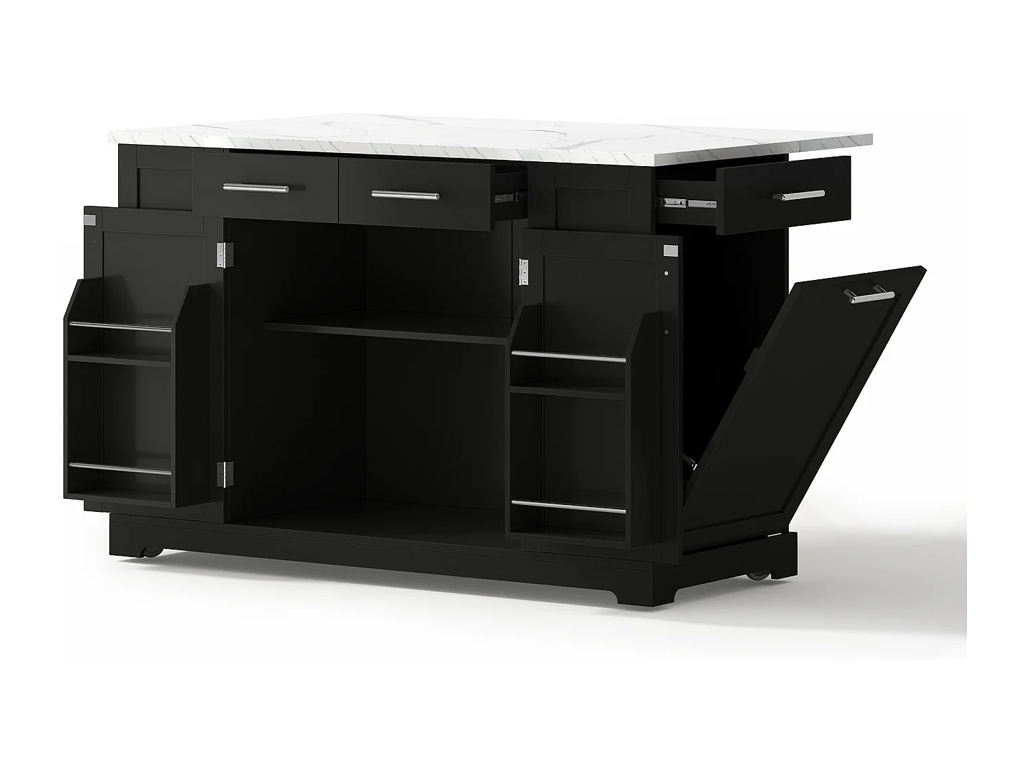 Mobile zentrale Kücheninsel - ausziehbares Tischblatt - mit Steckdose und ausziehbarer Mülltonne - mit Rollen - mit 3 Schubladen und 3 Türen - Schwarz + Weiß