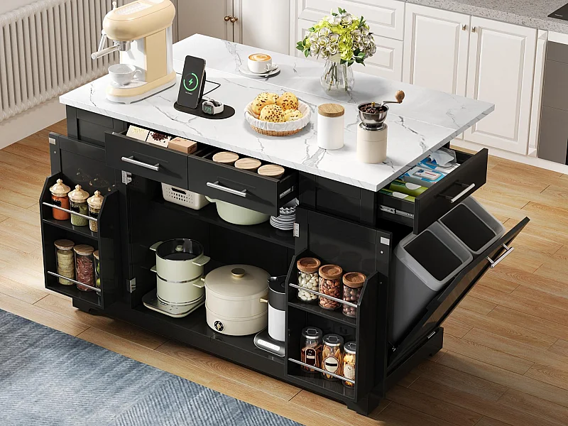 Mobile zentrale Kücheninsel - ausziehbares Tischblatt - mit Steckdose und ausziehbarer Mülltonne - mit Rollen - mit 3 Schubladen und 3 Türen - Schwarz + Weiß