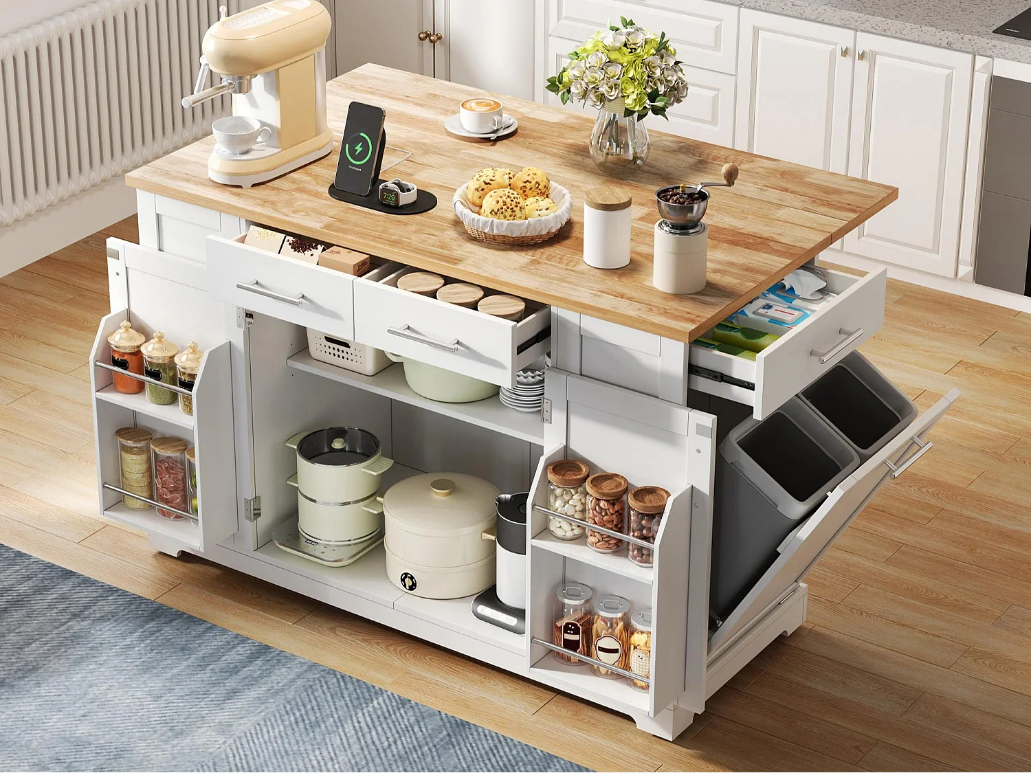 Mobile zentrale Kücheninsel - ausziehbares Tischblatt - mit Steckdose und ausziehbarer Mülltonne - mit Rollen - mit 3 Schubladen und 3 Türen - Weiß + Natur