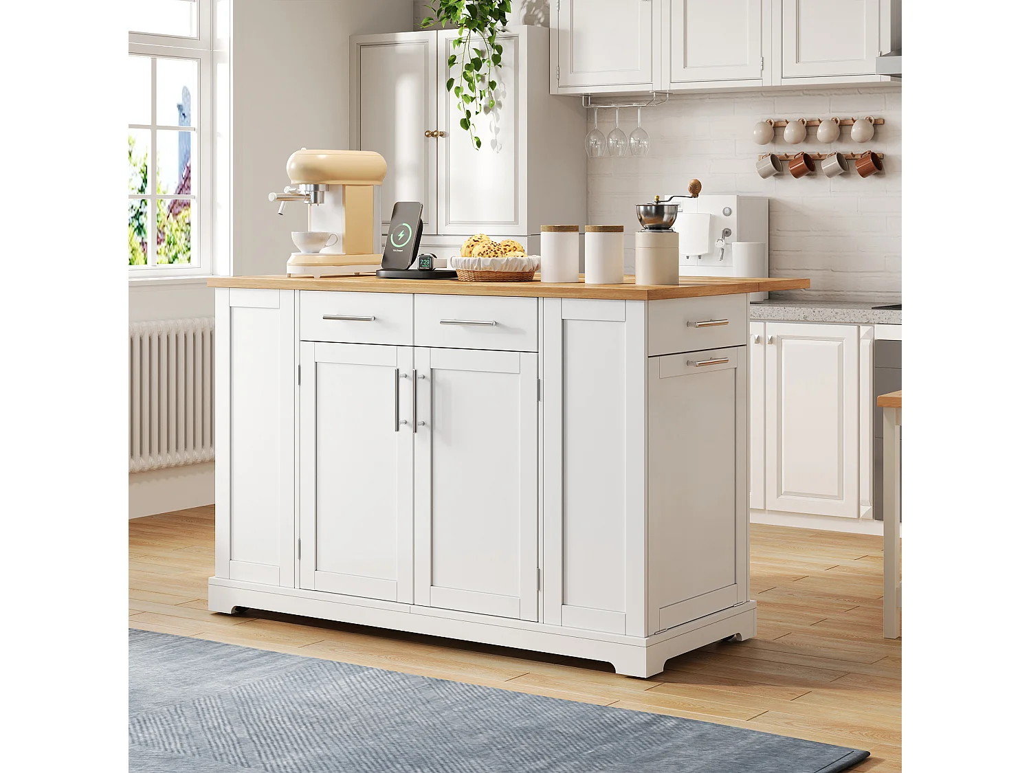 Mobile zentrale Kücheninsel - ausziehbares Tischblatt - mit Steckdose und ausziehbarer Mülltonne - mit Rollen - mit 3 Schubladen und 3 Türen - Weiß + Natur