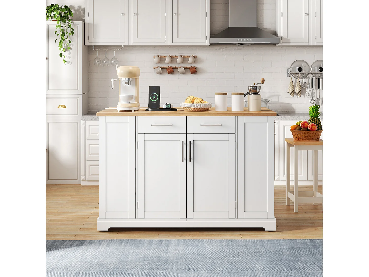 Mobile zentrale Kücheninsel - ausziehbares Tischblatt - mit Steckdose und ausziehbarer Mülltonne - mit Rollen - mit 3 Schubladen und 3 Türen - Weiß + Natur