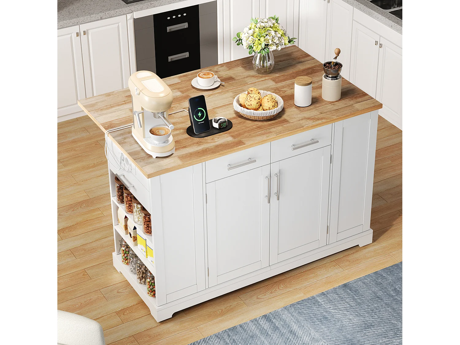 Mobile zentrale Kücheninsel - ausziehbares Tischblatt - mit Steckdose und ausziehbarer Mülltonne - mit Rollen - mit 3 Schubladen und 3 Türen - Weiß + Natur