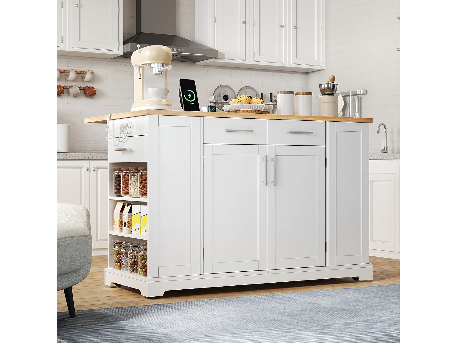 Mobile zentrale Kücheninsel - ausziehbares Tischblatt - mit Steckdose und ausziehbarer Mülltonne - mit Rollen - mit 3 Schubladen und 3 Türen - Weiß + Natur