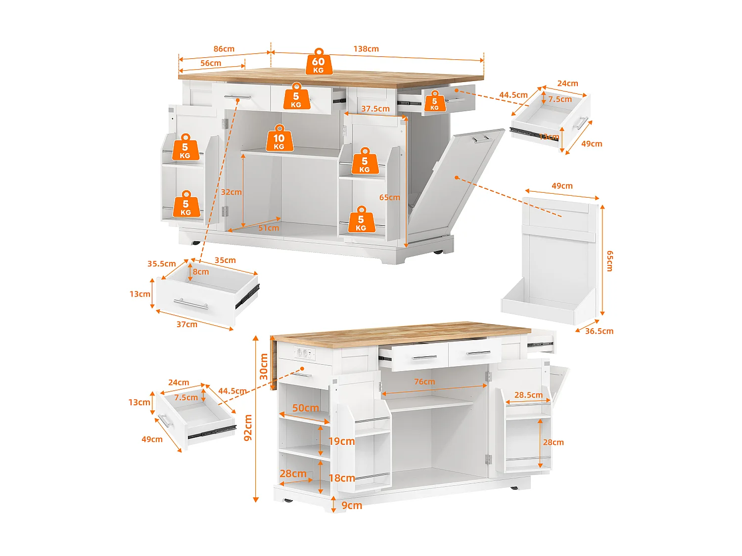 Mobile zentrale Kücheninsel - ausziehbares Tischblatt - mit Steckdose und ausziehbarer Mülltonne - mit Rollen - mit 3 Schubladen und 3 Türen - Weiß + Natur