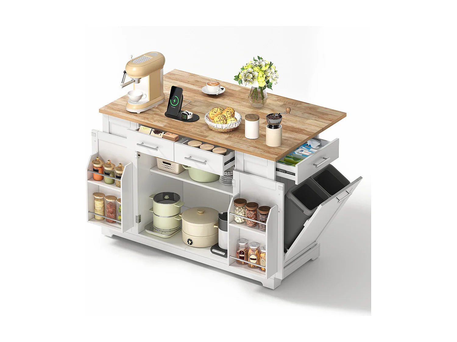 Mobile zentrale Kücheninsel - ausziehbares Tischblatt - mit Steckdose und ausziehbarer Mülltonne - mit Rollen - mit 3 Schubladen und 3 Türen - Weiß + Natur