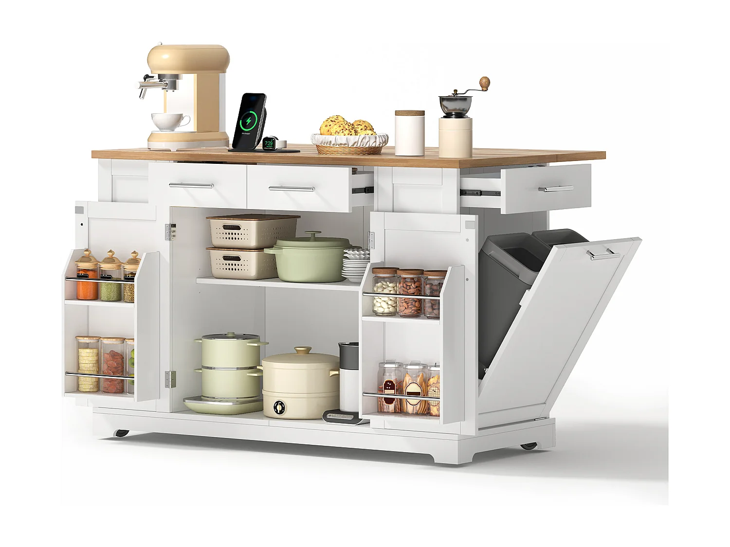 Mobile zentrale Kücheninsel - ausziehbares Tischblatt - mit Steckdose und ausziehbarer Mülltonne - mit Rollen - mit 3 Schubladen und 3 Türen - Weiß + Natur