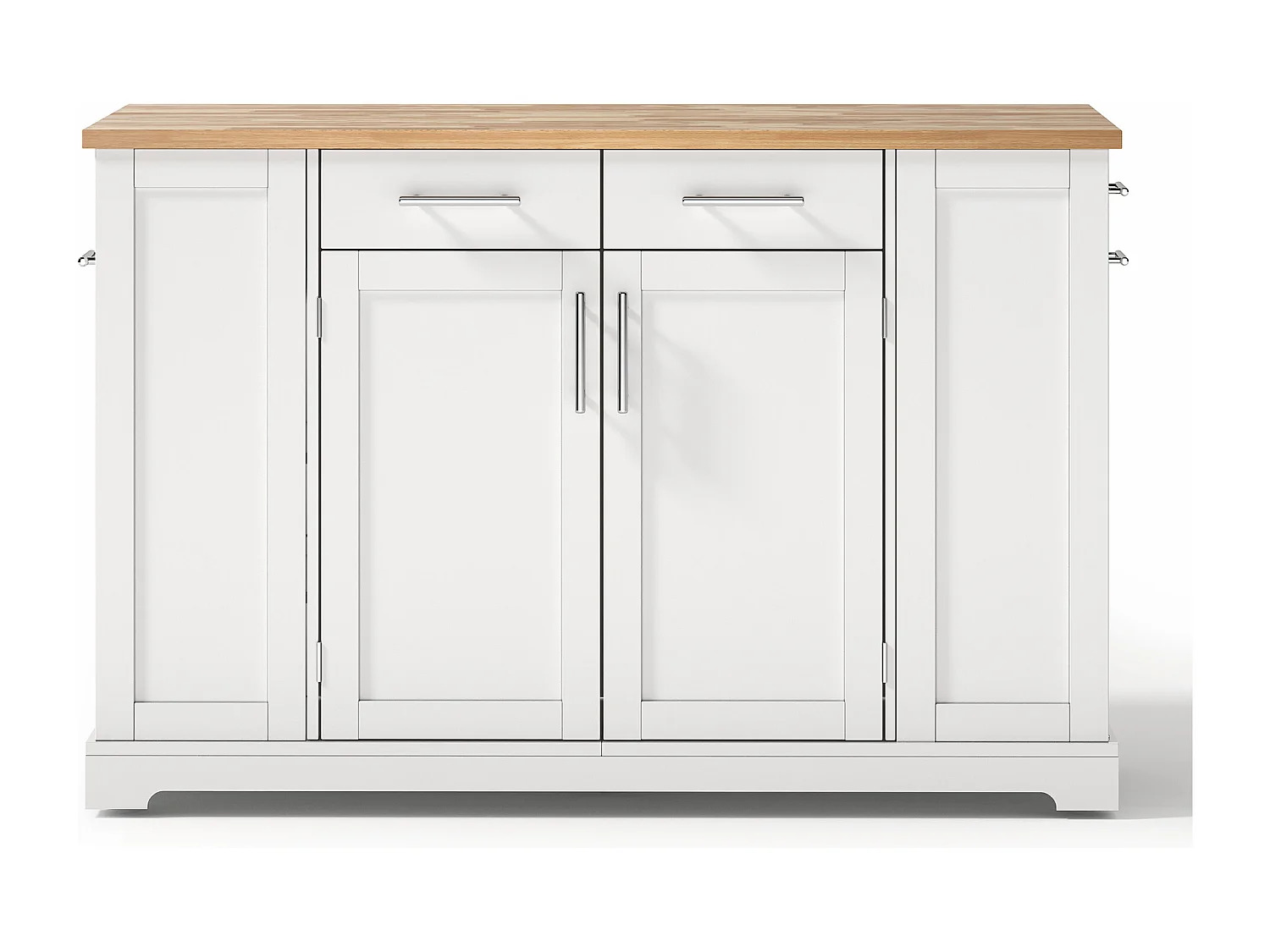 Mobile zentrale Kücheninsel - ausziehbares Tischblatt - mit Steckdose und ausziehbarer Mülltonne - mit Rollen - mit 3 Schubladen und 3 Türen - Weiß + Natur