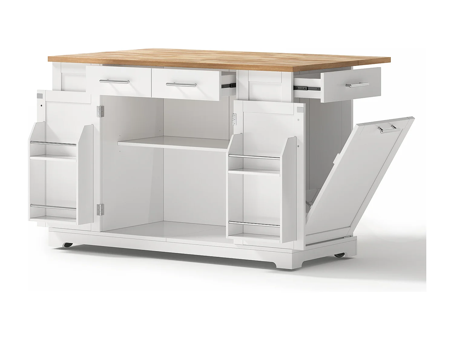Mobile zentrale Kücheninsel - ausziehbares Tischblatt - mit Steckdose und ausziehbarer Mülltonne - mit Rollen - mit 3 Schubladen und 3 Türen - Weiß + Natur