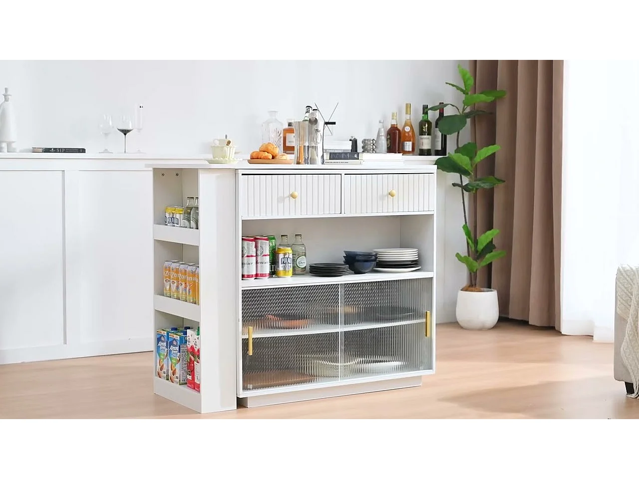 Meuble de bar de cuisine extensible - et rotation à 360° - avec prise - avec espace de rangement et éclairage LED - avec étagères latérales - Noir