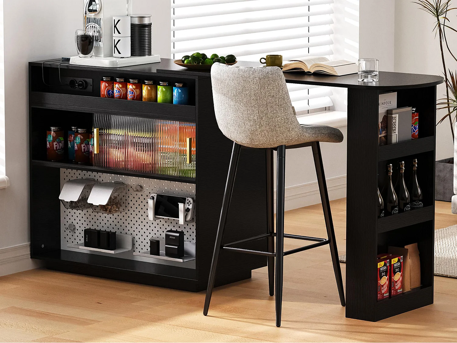 Meuble de bar de cuisine extensible - et rotation à 360° - avec prise - avec espace de rangement et éclairage LED - avec étagères latérales - Noir