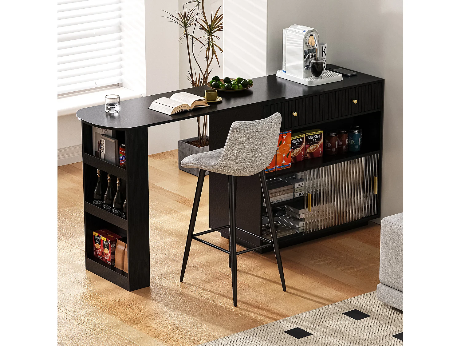 Meuble de bar de cuisine extensible - et rotation à 360° - avec prise - avec espace de rangement et éclairage LED - avec étagères latérales - Noir