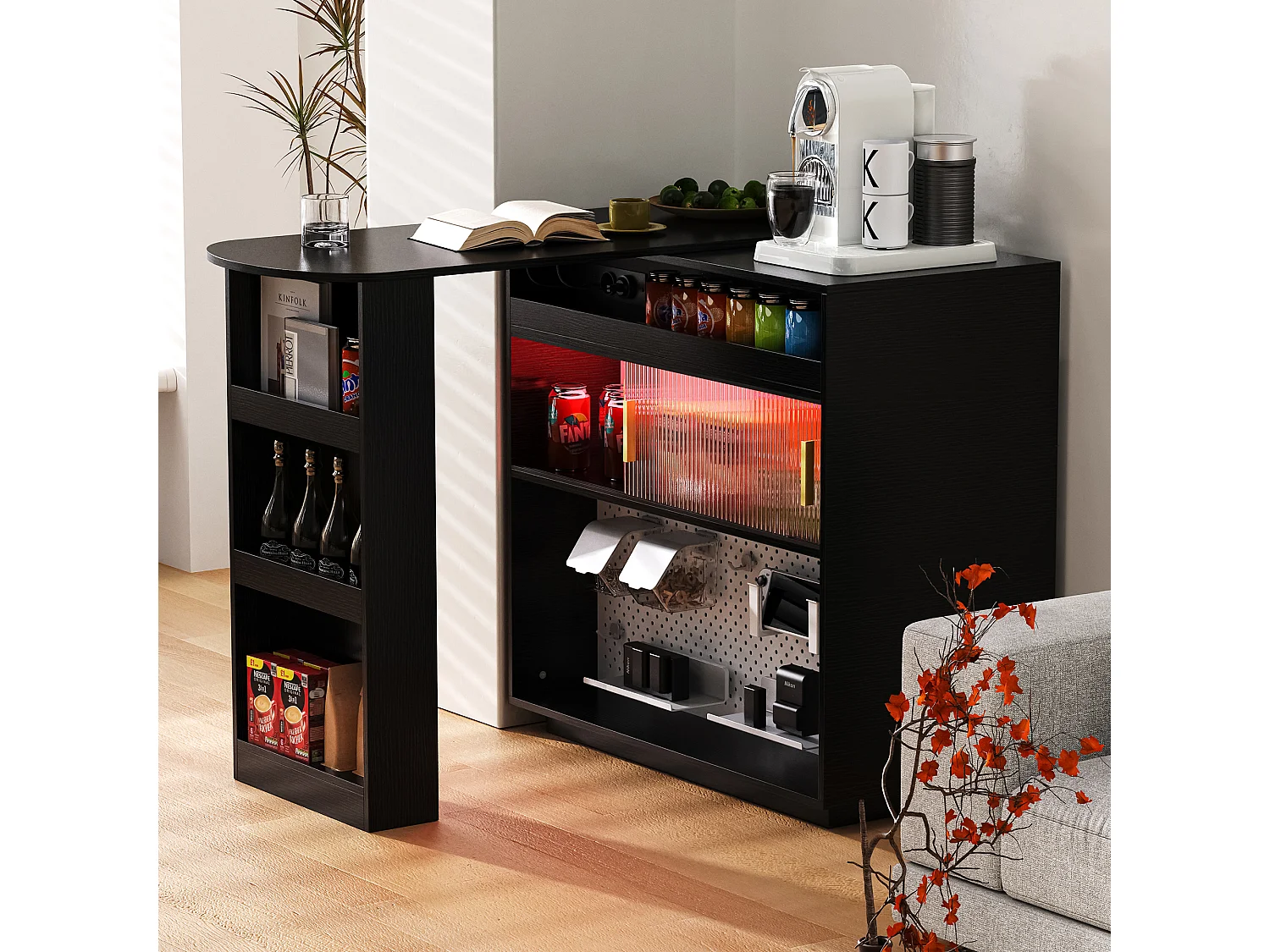 Meuble de bar de cuisine extensible - et rotation à 360° - avec prise - avec espace de rangement et éclairage LED - avec étagères latérales - Noir