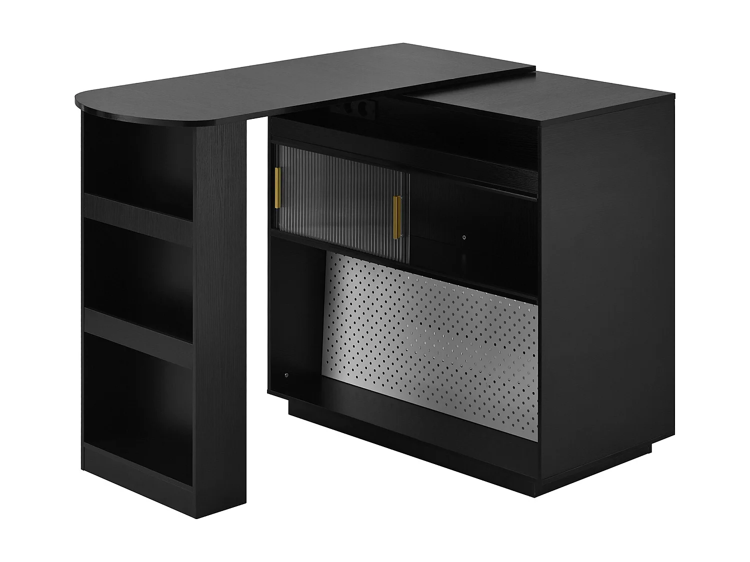 Meuble de bar de cuisine extensible - et rotation à 360° - avec prise - avec espace de rangement et éclairage LED - avec étagères latérales - Noir