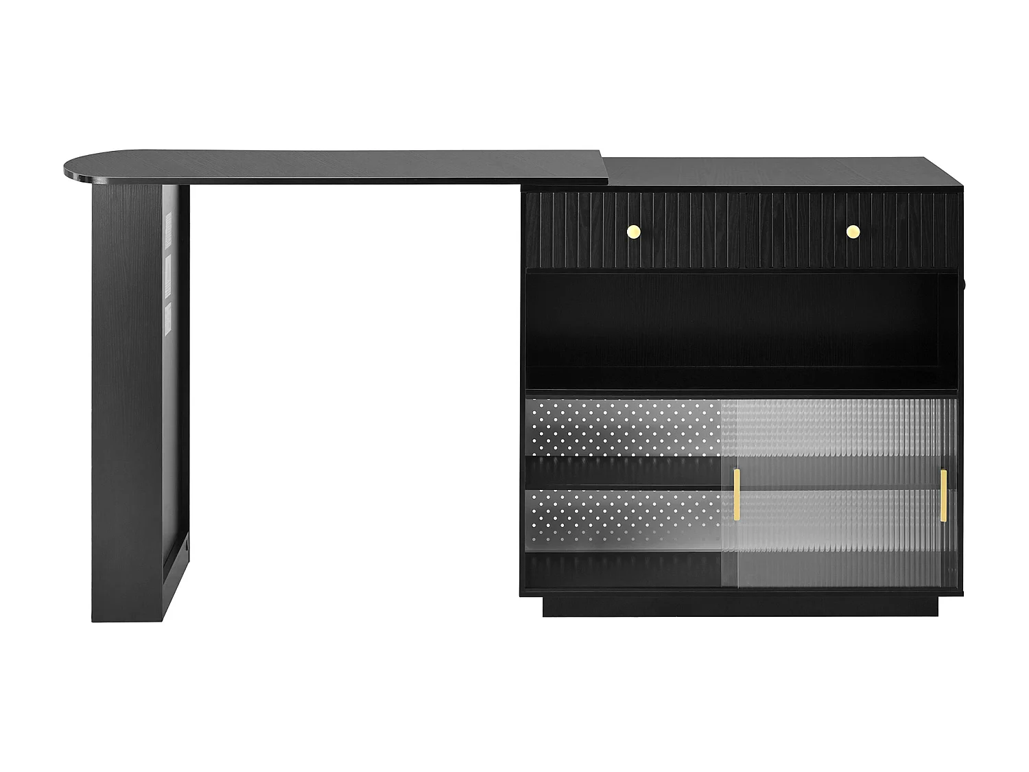 Meuble de bar de cuisine extensible - et rotation à 360° - avec prise - avec espace de rangement et éclairage LED - avec étagères latérales - Noir