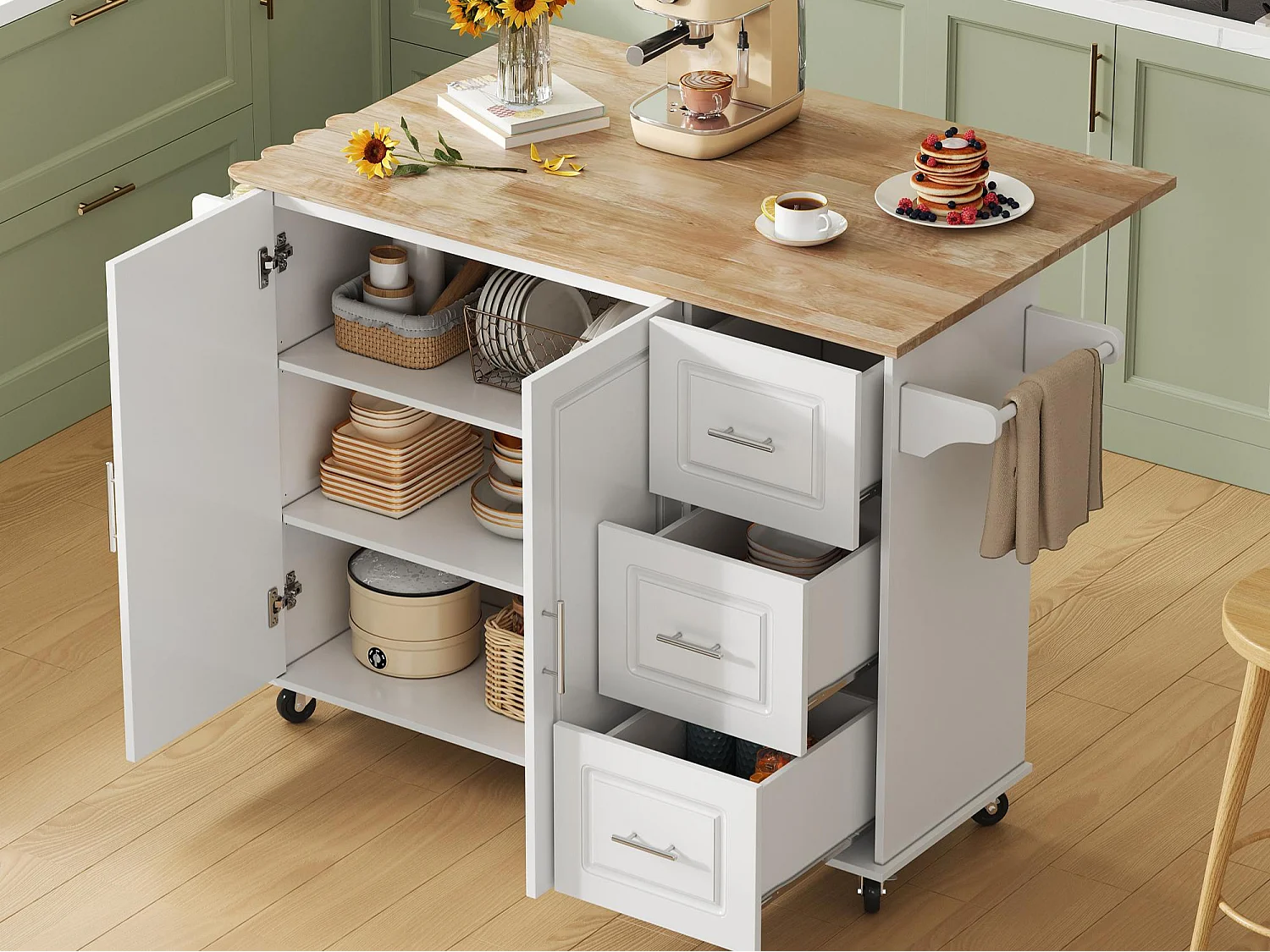 Isola centrale per cucina mobile - piano estensibile - con porta asciugamani - con rotelle - con 3 cassetti e 2 ante - MDF - Bianco