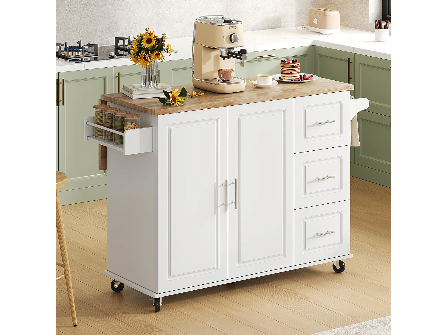 Isola centrale per cucina mobile - piano estensibile - con porta asciugamani - con rotelle - con 3 cassetti e 2 ante - MDF - Bianco