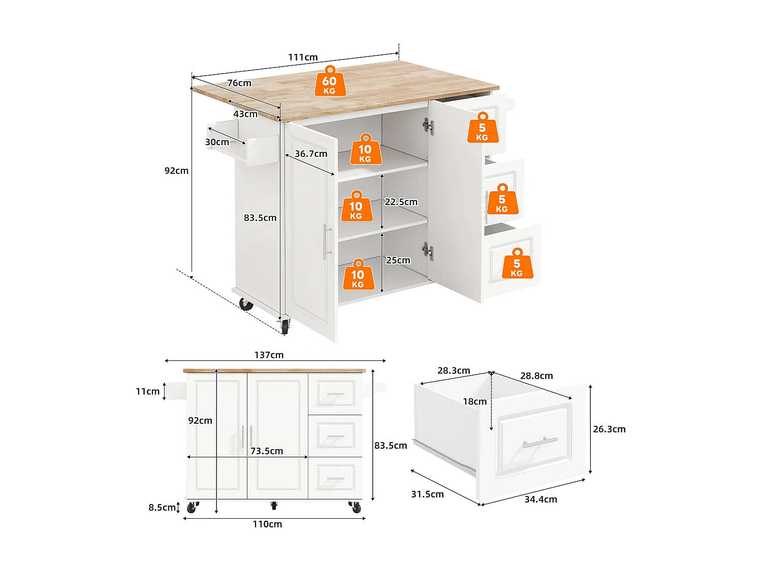 Isola centrale per cucina mobile - piano estensibile - con porta asciugamani - con rotelle - con 3 cassetti e 2 ante - MDF - Bianco