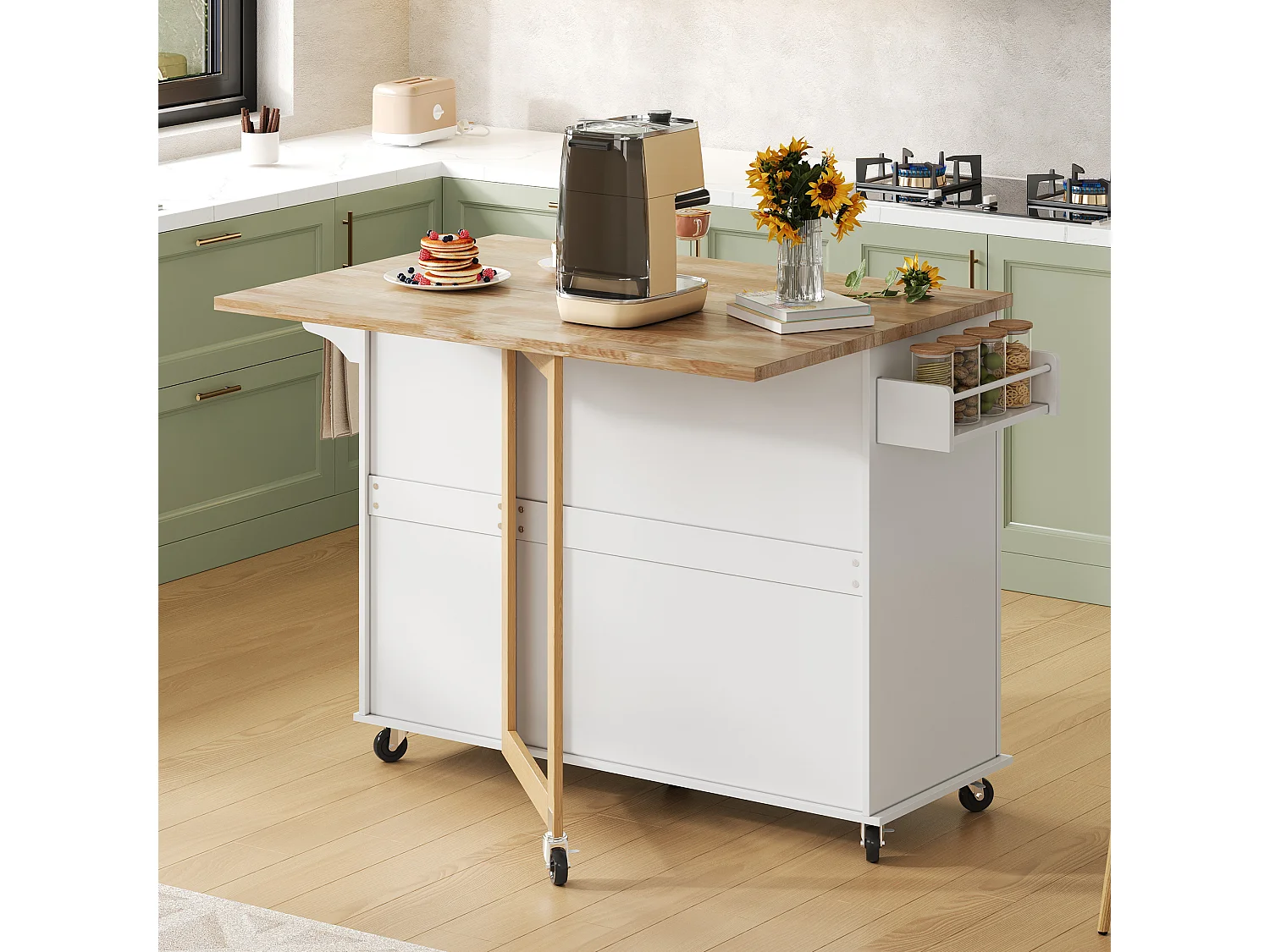 Isola centrale per cucina mobile - piano estensibile - con porta asciugamani - con rotelle - con 3 cassetti e 2 ante - MDF - Bianco