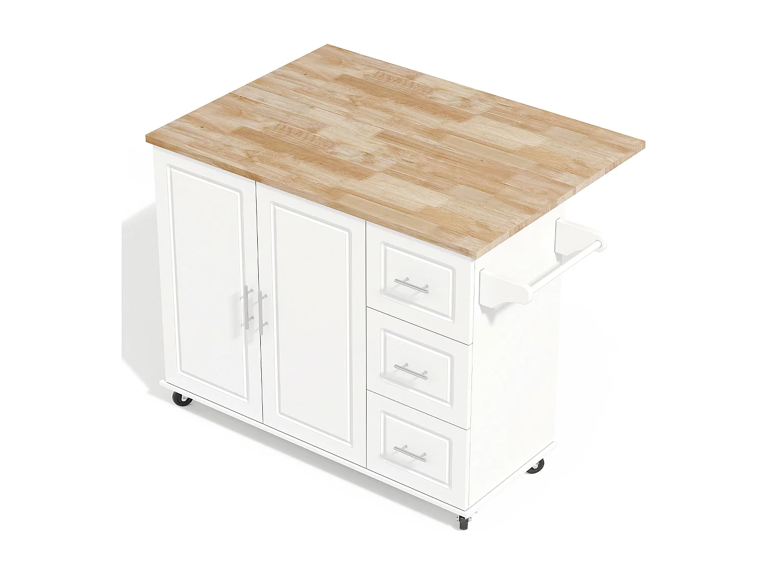 Isola centrale per cucina mobile - piano estensibile - con porta asciugamani - con rotelle - con 3 cassetti e 2 ante - MDF - Bianco