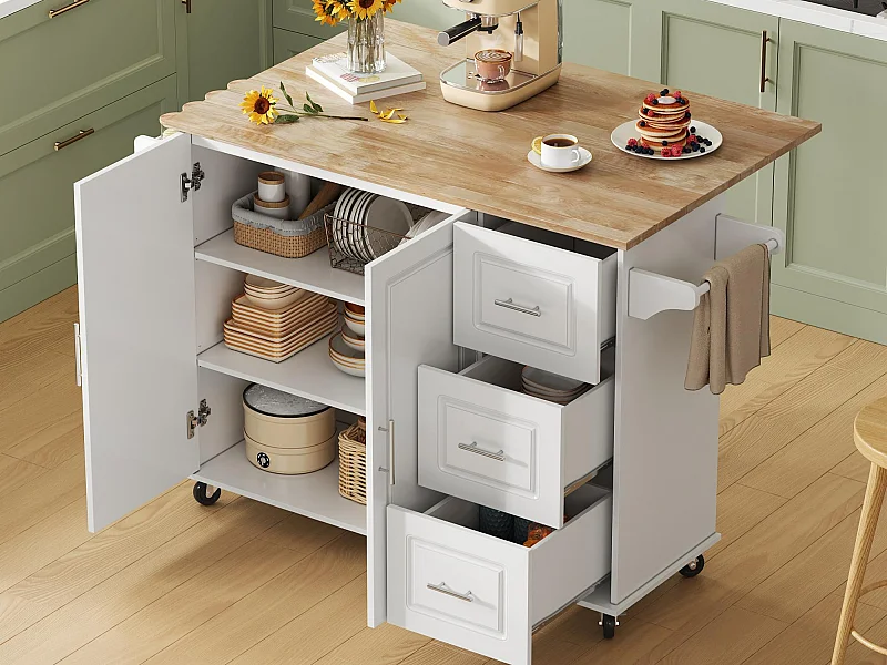 Ilot central de cuisine mobile - plateau extensible - avec porte-serviettes - avec roulettes - avec 3 tiroirs et 2 portes - MDF - Blanc