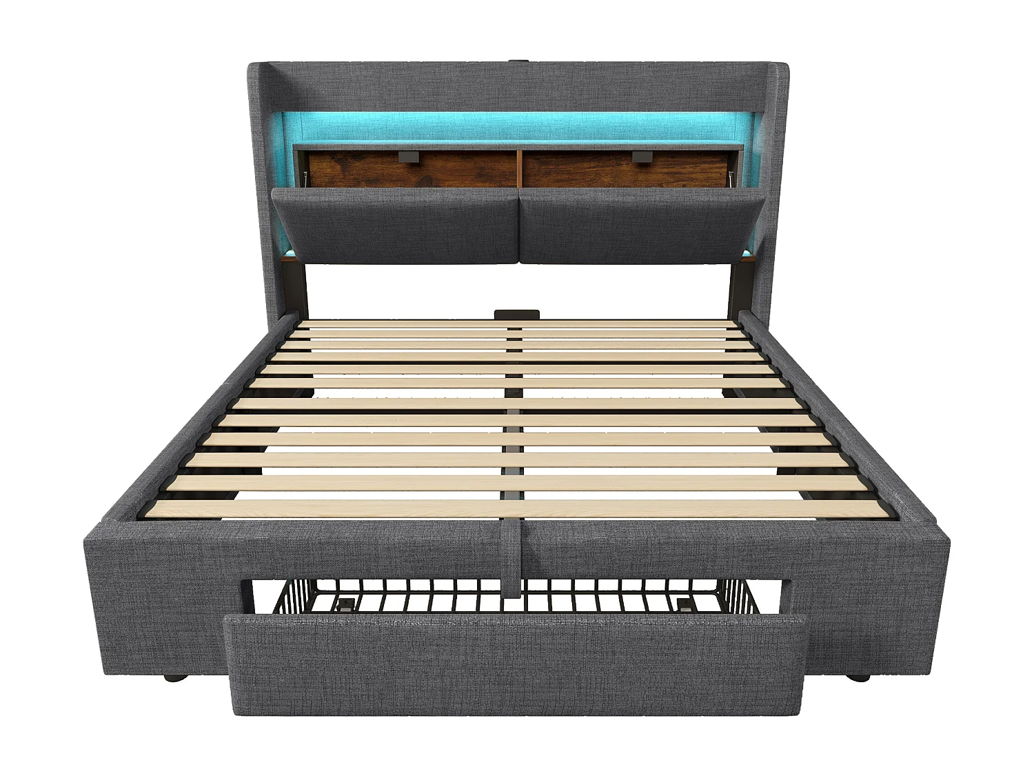 Gepolstertes Bett mit Stauraum 160x200cm - mit LED und USB-Anschluss - mit 1 Schublade - Kopfteil mit Stauraum - Leinen - Grau​ (ohne Matratze)