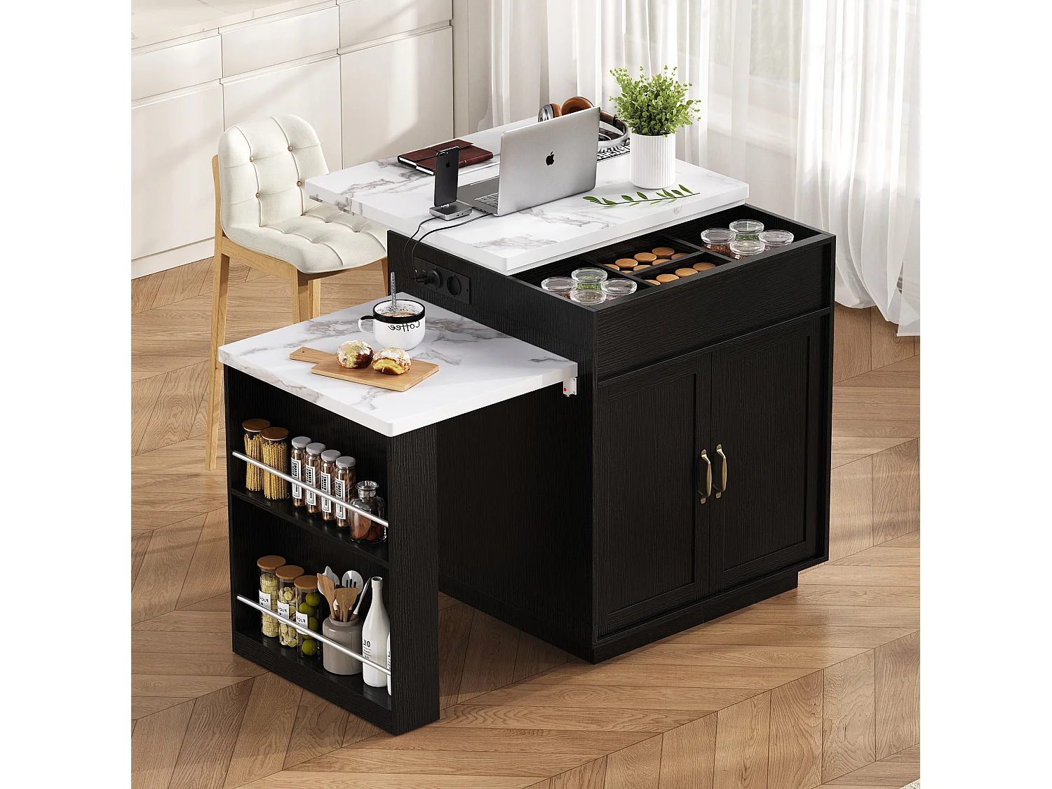 Ilot central de cuisine - table à manger extensible - avec éclairage LED - avec prise de courant - avec roulettes et espace de rangement - Noir + Blanc