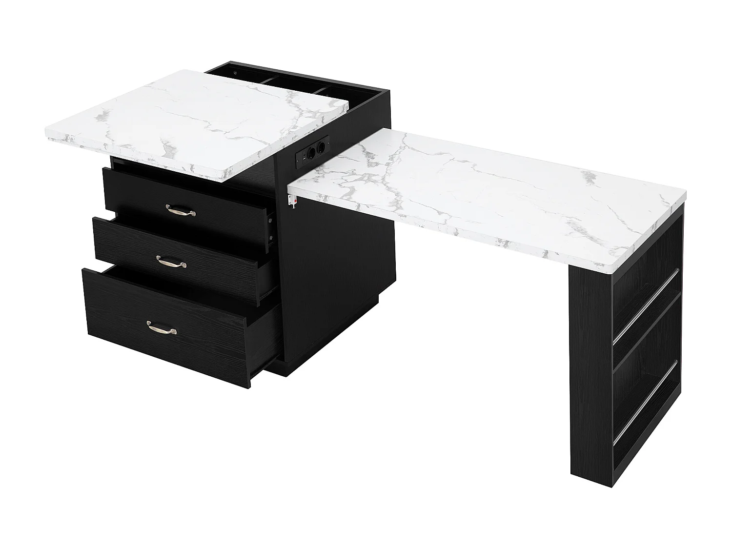 Ilot central de cuisine - table à manger extensible - avec éclairage LED - avec prise de courant - avec roulettes et espace de rangement - Noir + Blanc