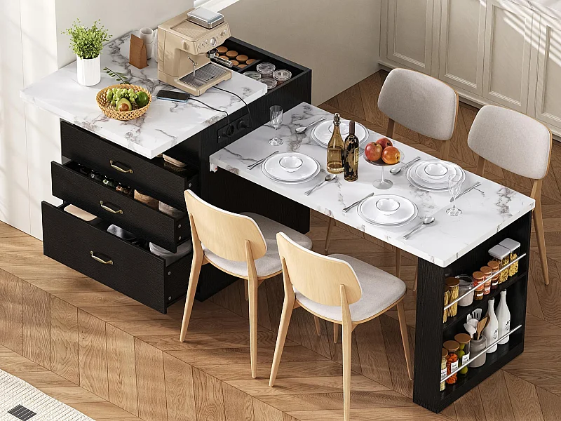 Ilot central de cuisine - table à manger extensible - avec éclairage LED - avec prise de courant - avec roulettes et espace de rangement - Noir + Blanc