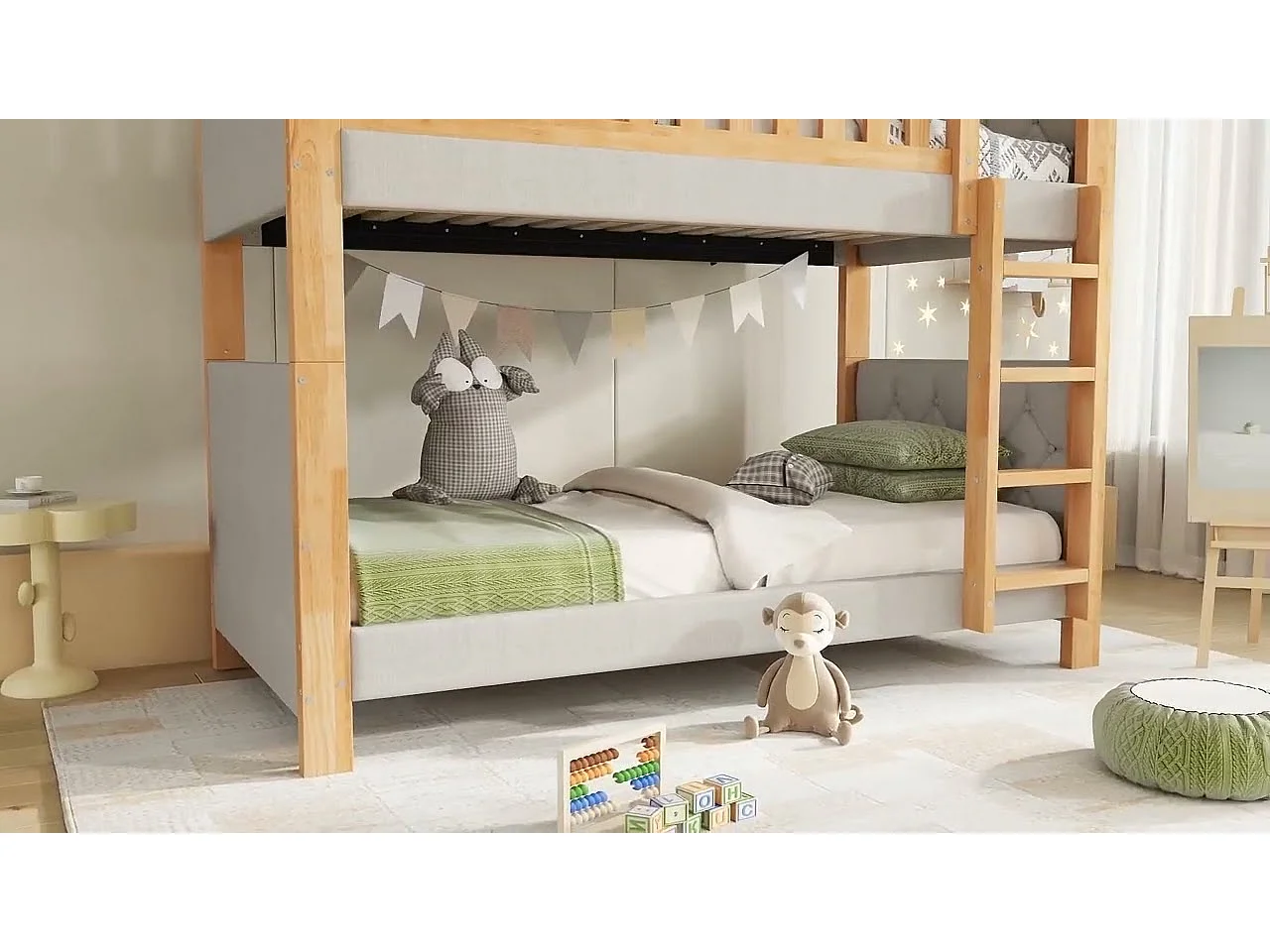 Łóżka piętrowe dla dzieci 90x200cm - tapicerowany zagłówek - z 4-stopniową drabiną - drewno hevea + MDF - Naturalny+Szary​ (bez materaca)