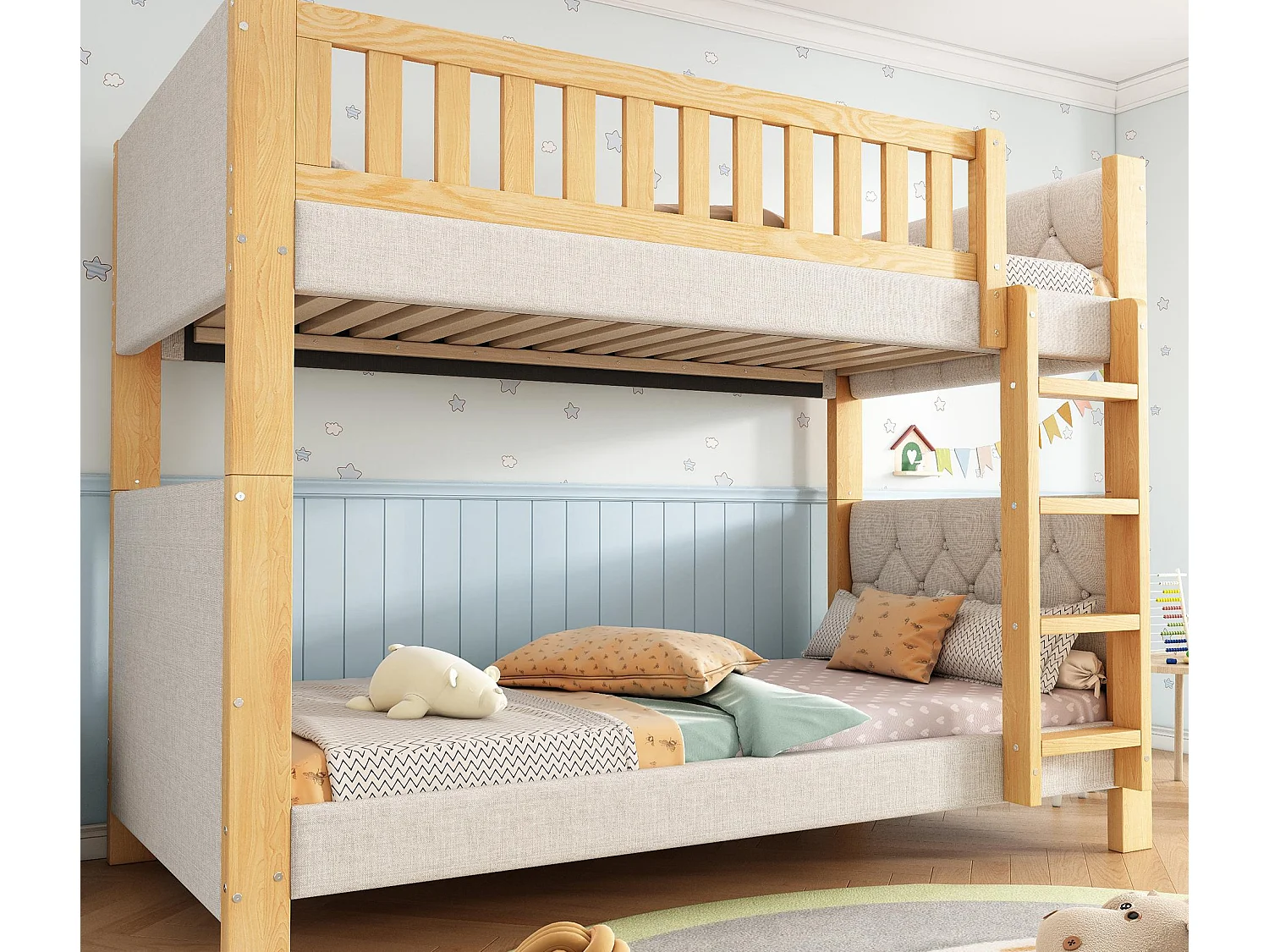 Łóżka piętrowe dla dzieci 90x200cm - tapicerowany zagłówek - z 4-stopniową drabiną - drewno hevea + MDF - Naturalny+Szary​ (bez materaca)