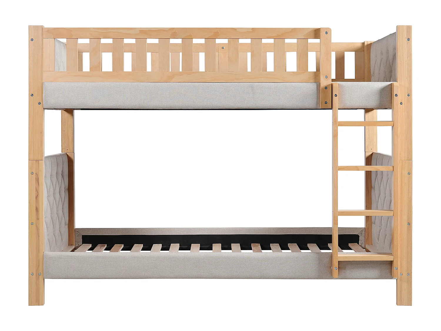 Łóżka piętrowe dla dzieci 90x200cm - tapicerowany zagłówek - z 4-stopniową drabiną - drewno hevea + MDF - Naturalny+Szary​ (bez materaca)