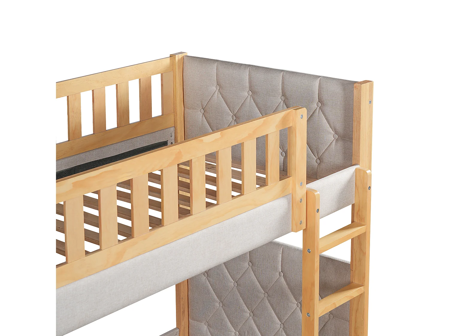 Łóżka piętrowe dla dzieci 90x200cm - tapicerowany zagłówek - z 4-stopniową drabiną - drewno hevea + MDF - Naturalny+Szary​ (bez materaca)