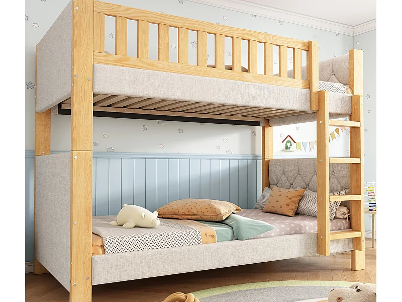 Łóżka piętrowe dla dzieci 90x200cm - tapicerowany zagłówek - z 4-stopniową drabiną - drewno hevea + MDF - Naturalny+Szary​ (bez materaca)