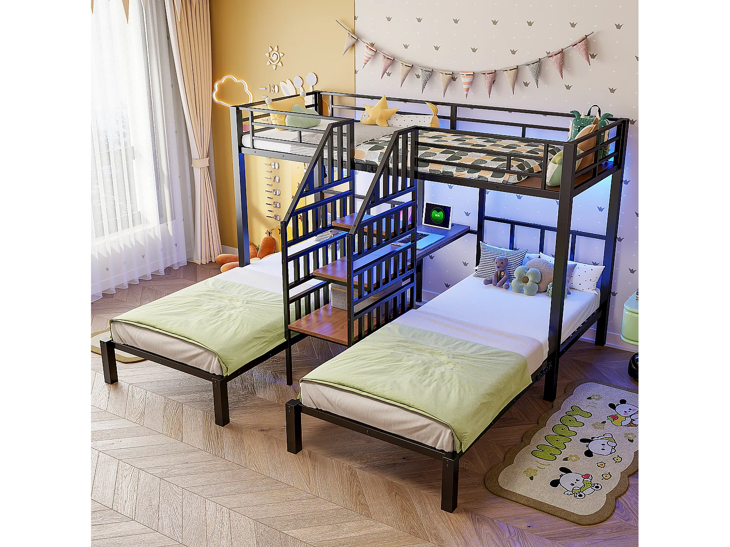 Lit superposé 90x200 cm - 3 couchages - avec bande lumineuse LED - équipé de 2 ports USB + 1 prise électrique - avec bureau - noir (matelas non inclus)