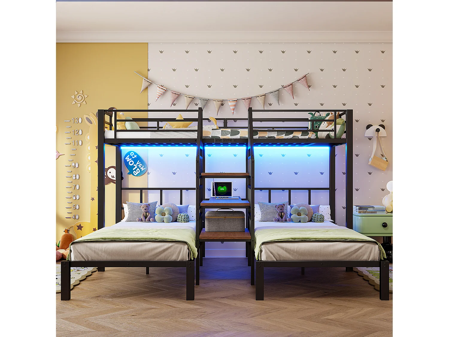 Lit superposé 90x200 cm - 3 couchages - avec bande lumineuse LED - équipé de 2 ports USB + 1 prise électrique - avec bureau - noir (matelas non inclus)